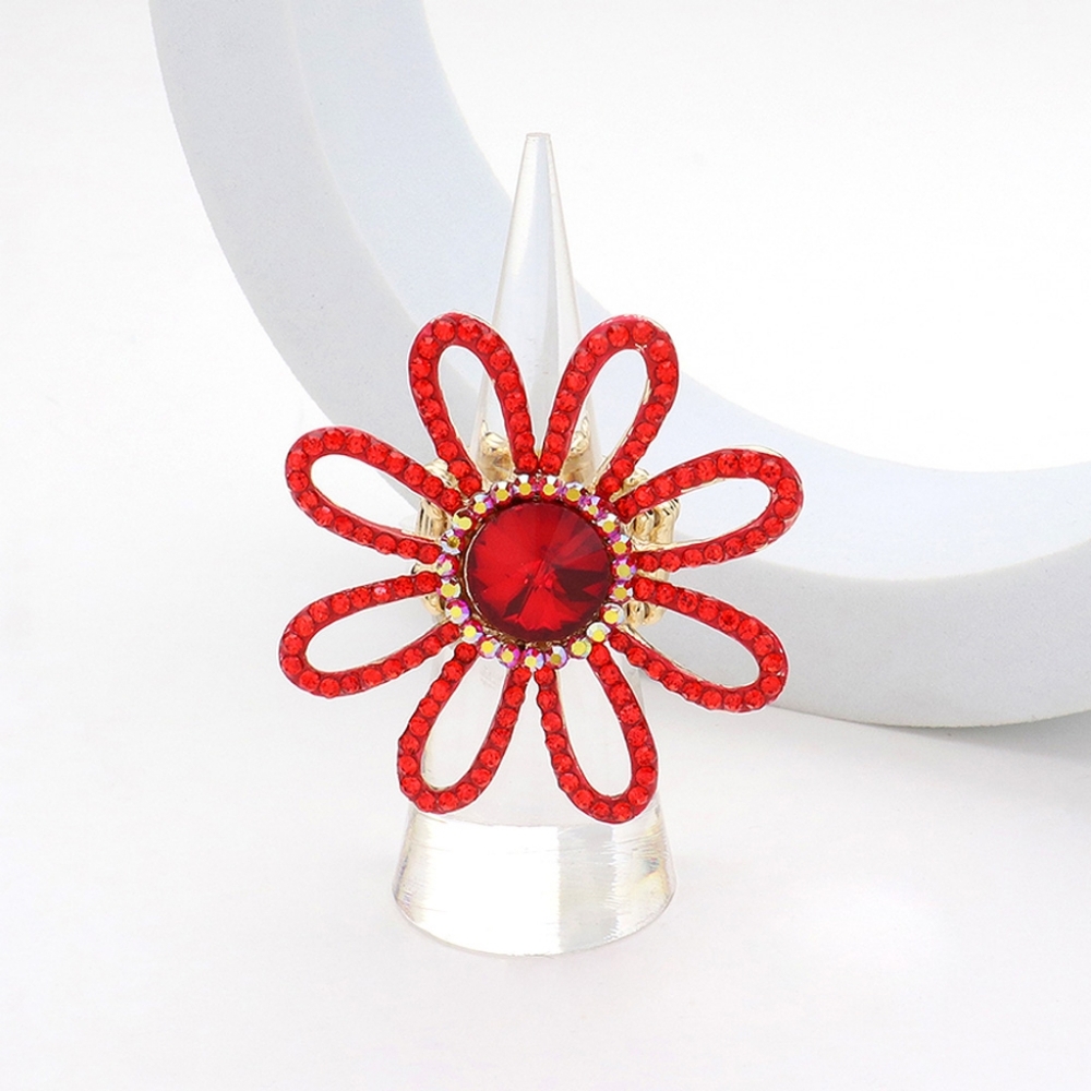 Red Stretch Rhinestone Crystal Flower Fashion Ring Finger Adjustable